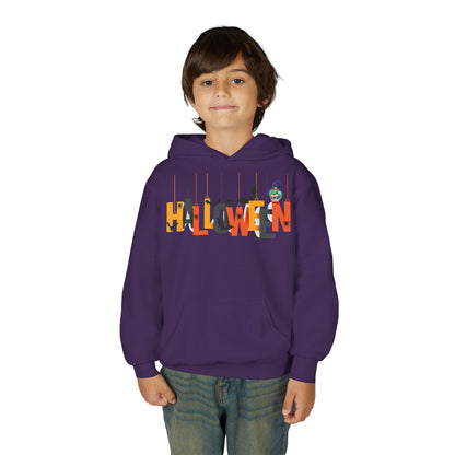 Youth Heavy Blend Hooded Sweatshirt - Holloween hanging letters Printify