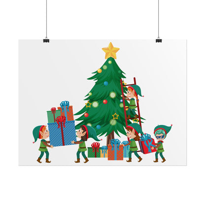 Rolled Posters - Super kiddo putting gifts on christmas tree - [[{"value":"Wonderwear Kid"}]]