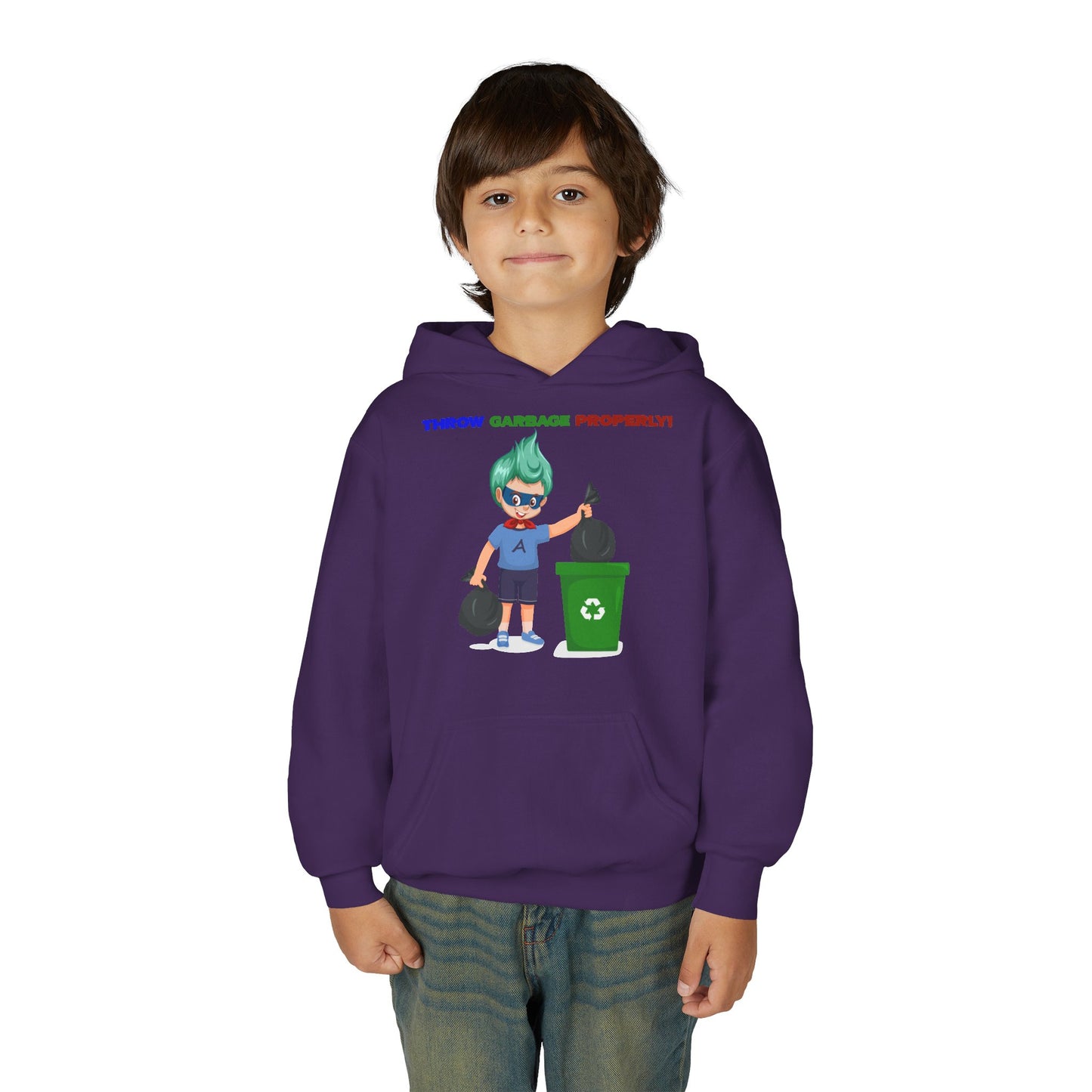 Youth Heavy Blend Hooded Sweatshirt - Super kiddo taking trash out