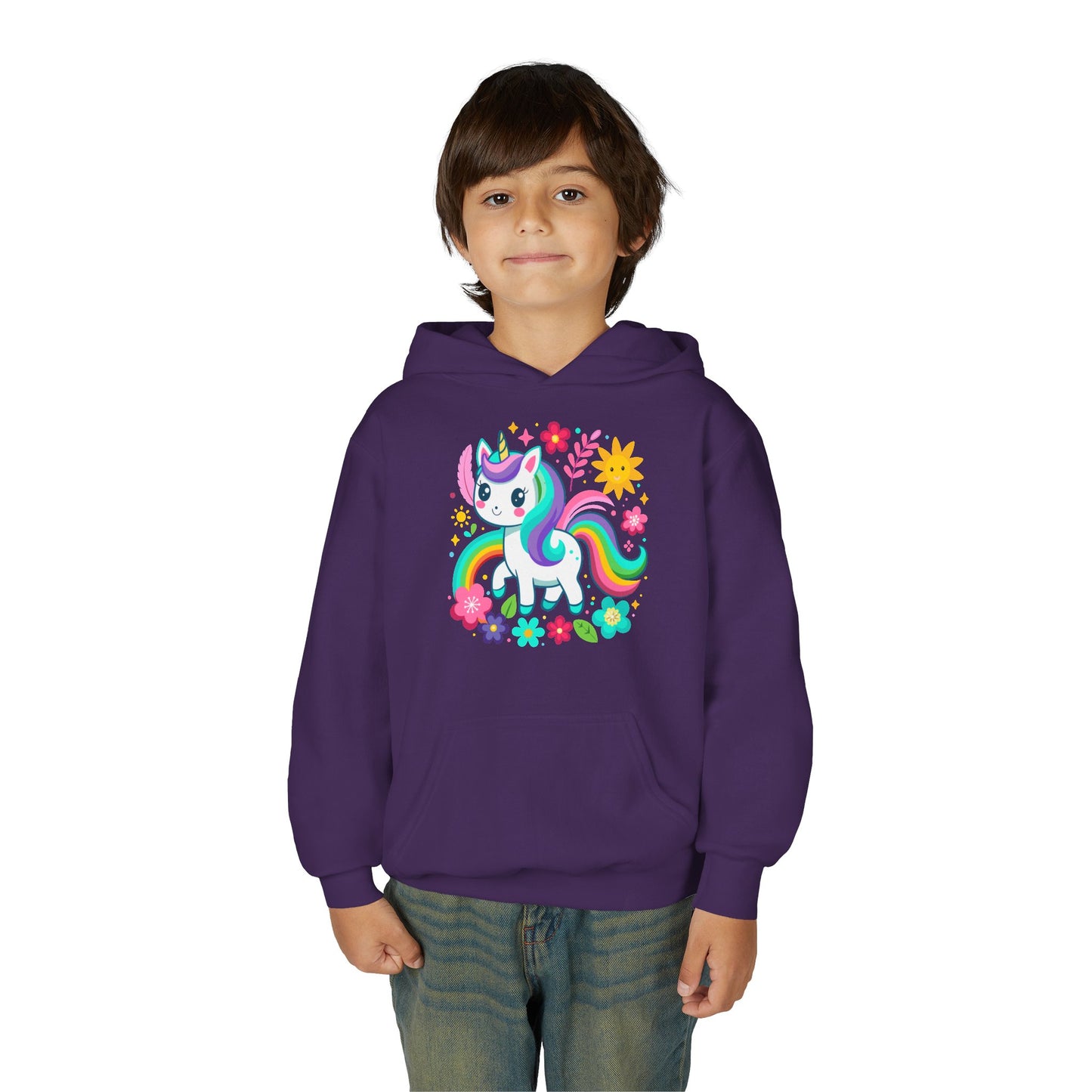 Youth Heavy Blend Hooded Sweatshirt - Unicorn with flowers