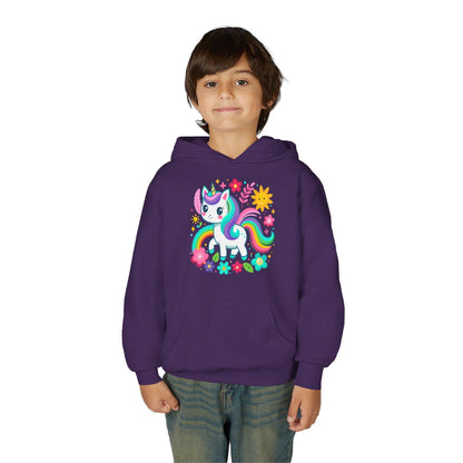 Youth Heavy Blend Hooded Sweatshirt - Unicorn with flowers Printify
