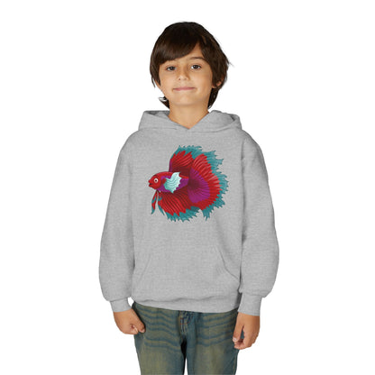 Youth Heavy Blend Hooded Sweatshirt - Red Siamese fighting fish Printify