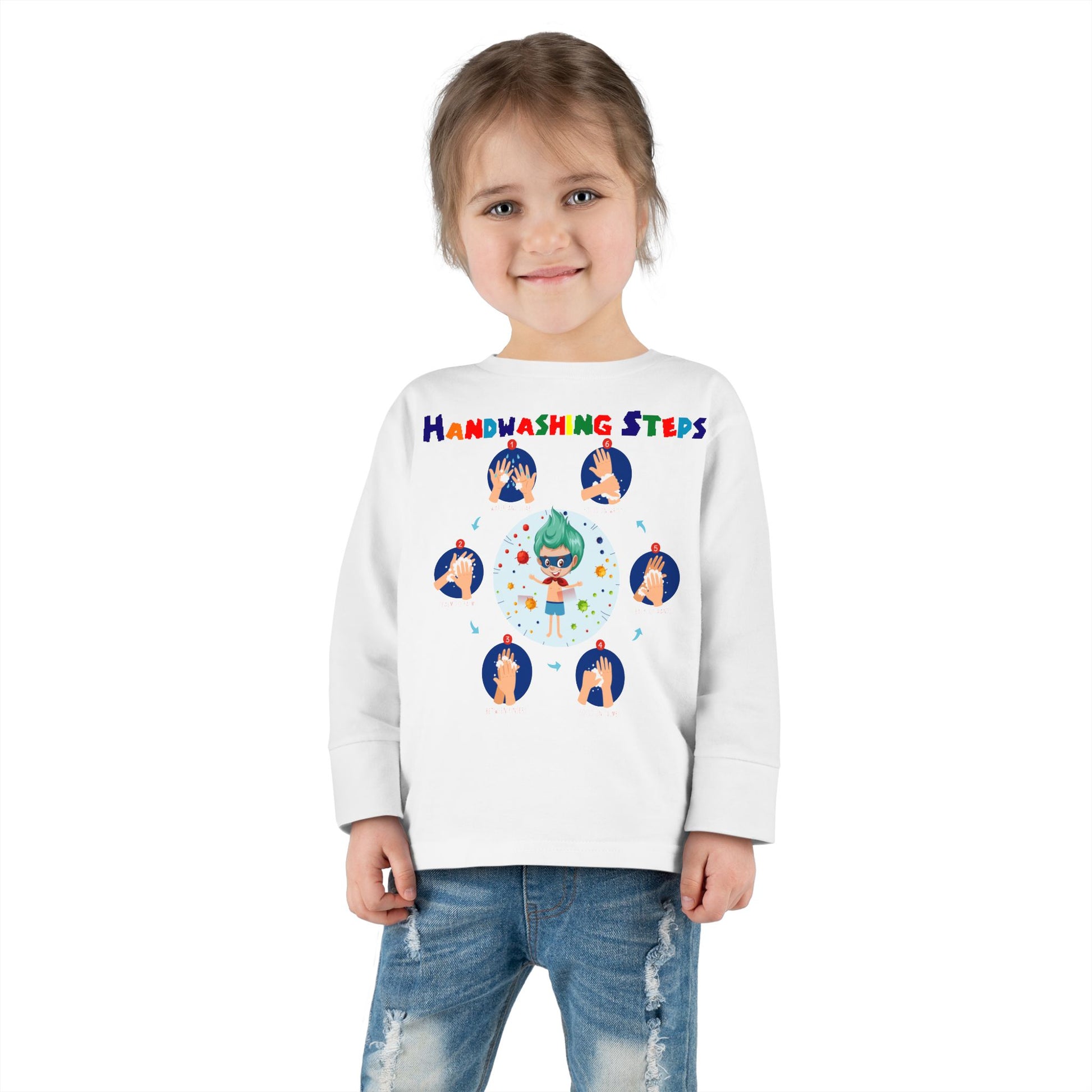 Toddler Long Sleeve Tee - Super kiddo how to wash hand properly - [[{"value":"Wonderwear Kid"}]]