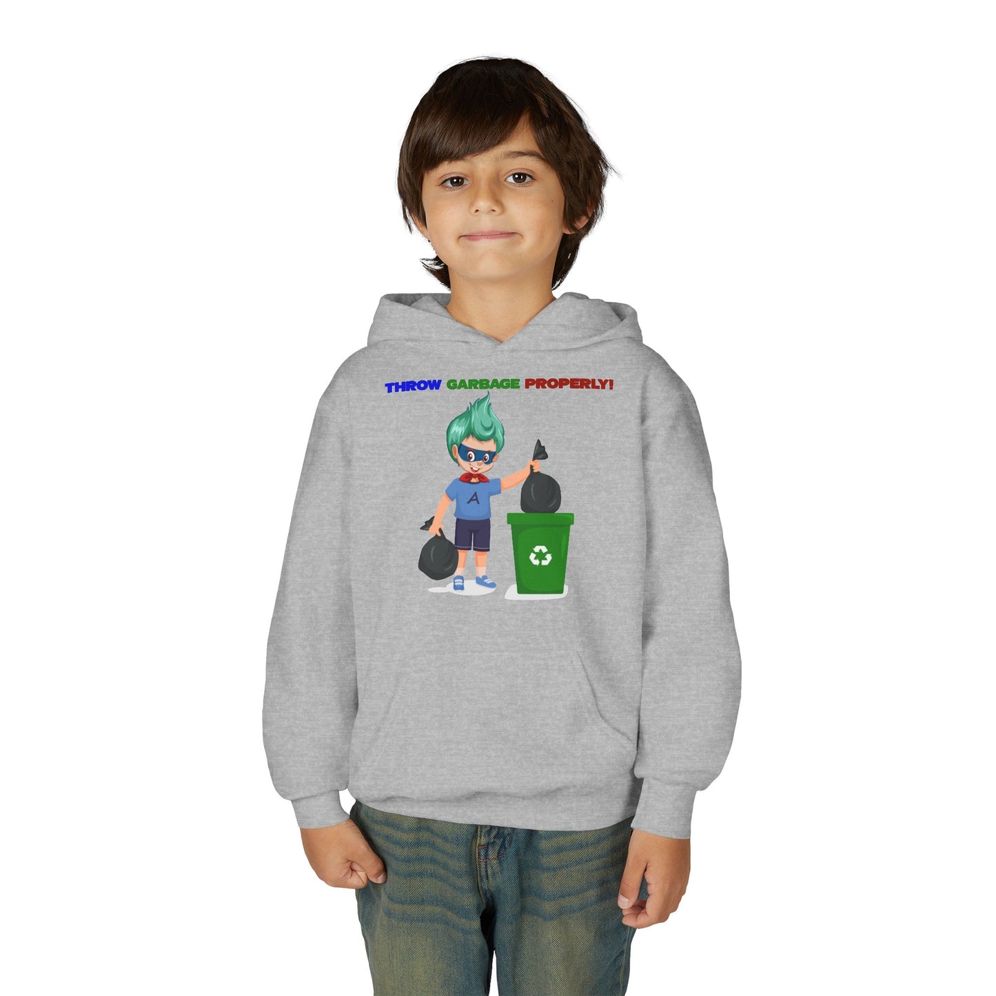 Youth Heavy Blend Hooded Sweatshirt - Super kiddo taking trash out