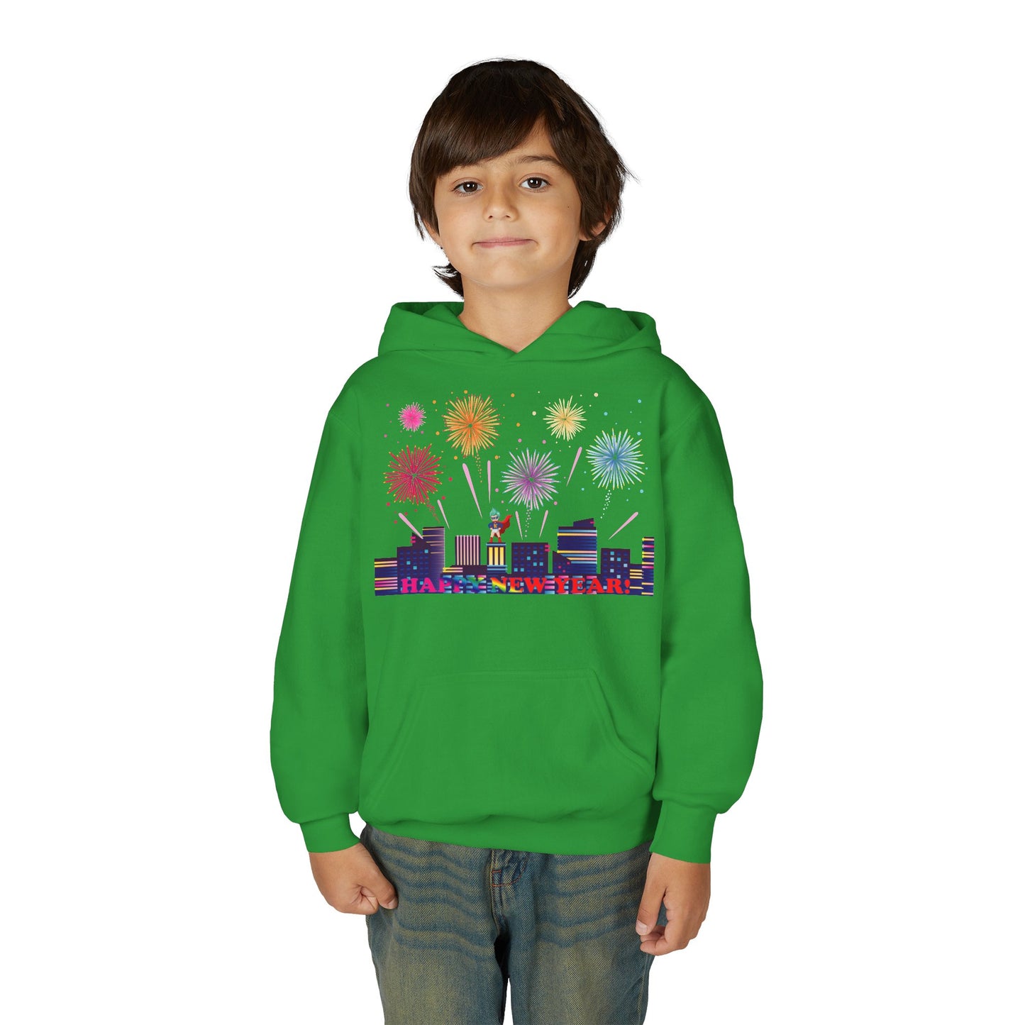 Youth Heavy Blend Hooded Sweatshirt - Super kiddo with fireworks with text