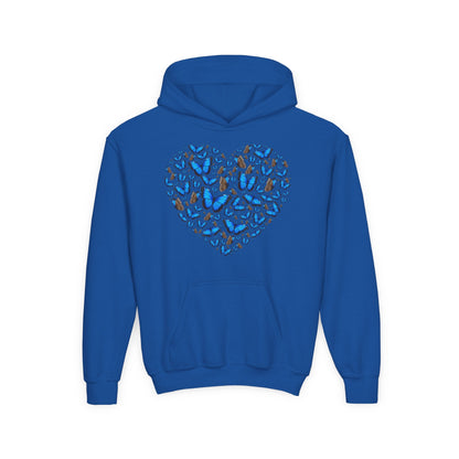 Youth Heavy Blend Hooded Sweatshirt -  Heart shape blue morpho butterfly Printify