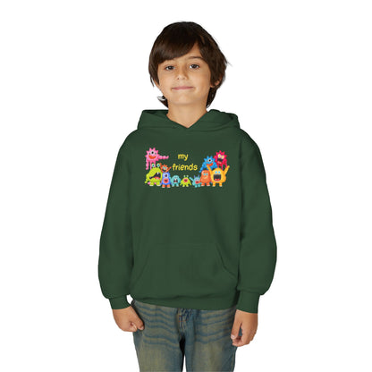 Youth Heavy Blend Hooded Sweatshirt - Colorful Monster Friends Printify