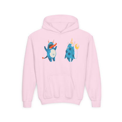 Youth Heavy Blend Hooded Sweatshirt - Blue monsters in action Printify