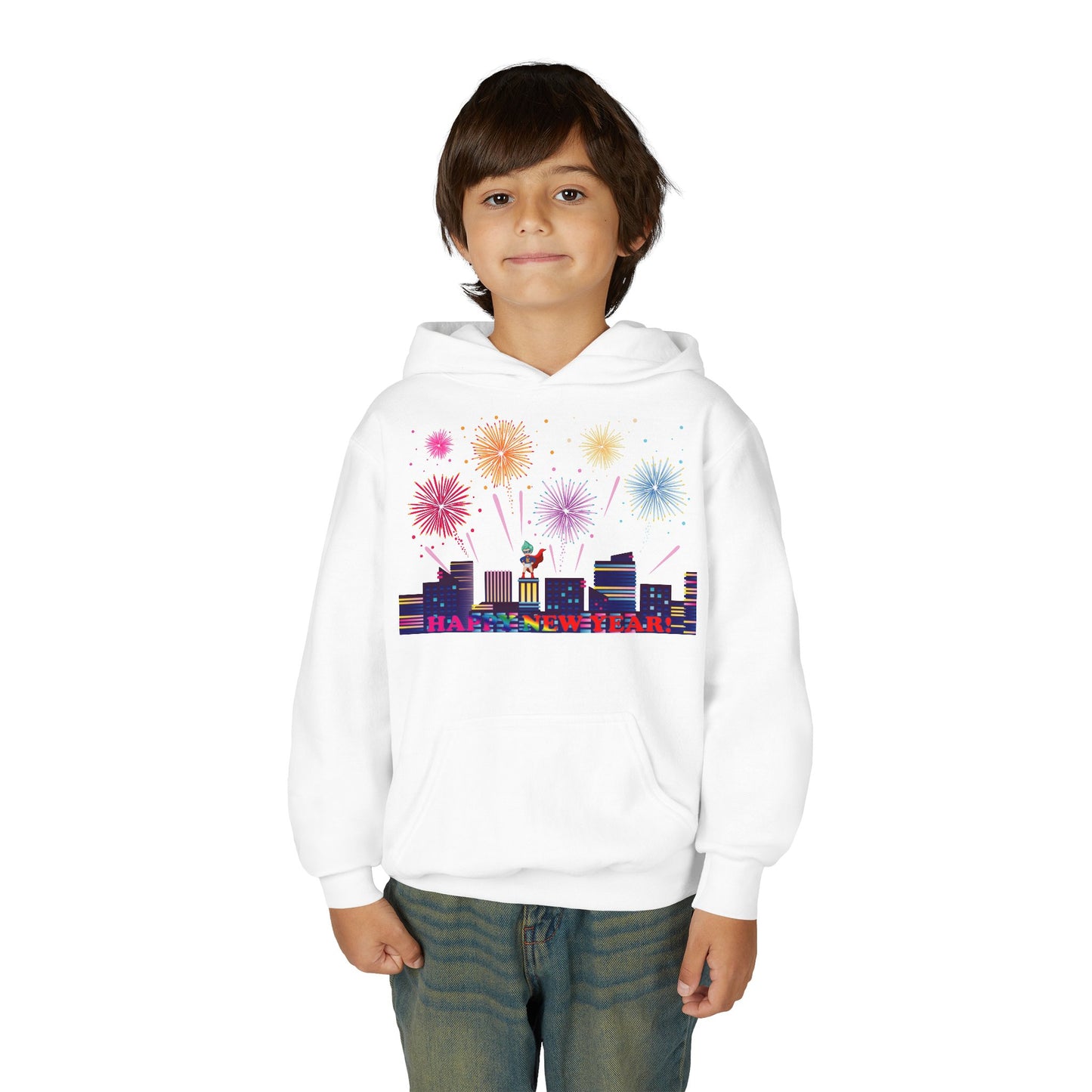 Youth Heavy Blend Hooded Sweatshirt - Super kiddo with fireworks with text