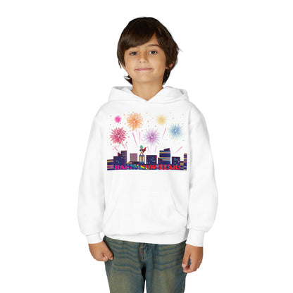 Youth Heavy Blend Hooded Sweatshirt - Super kiddo with fireworks with text - [[{"value":"Wonderwear Kid"}]]