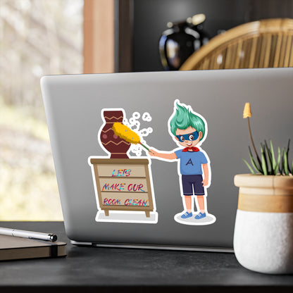 Halloween Kiss-Cut Vinyl Decals – Super kiddo cleaning a vase - [[{"value":"Wonderwear Kid"}]]