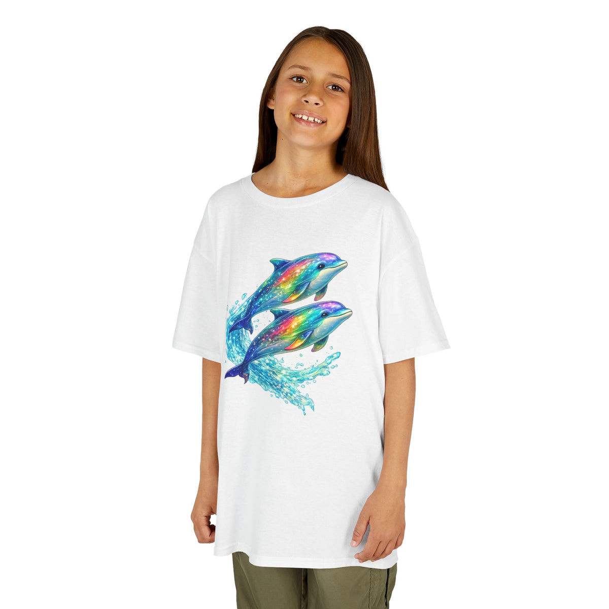 Kids Heavy Cotton™ Tee - Iridescent porpoises swimming in glowing water
