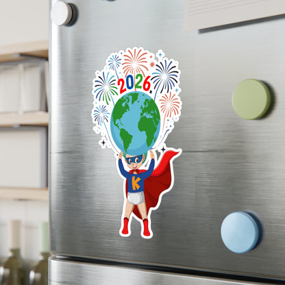 Christmas Kiss-Cut Vinyl Decals – Super kiddo holding globe - [[{"value":"Wonderwear Kid"}]]