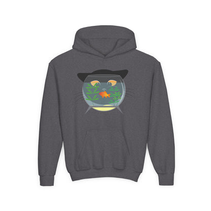 Youth Heavy Blend Hooded Sweatshirt -  Black cat and gold fish Printify