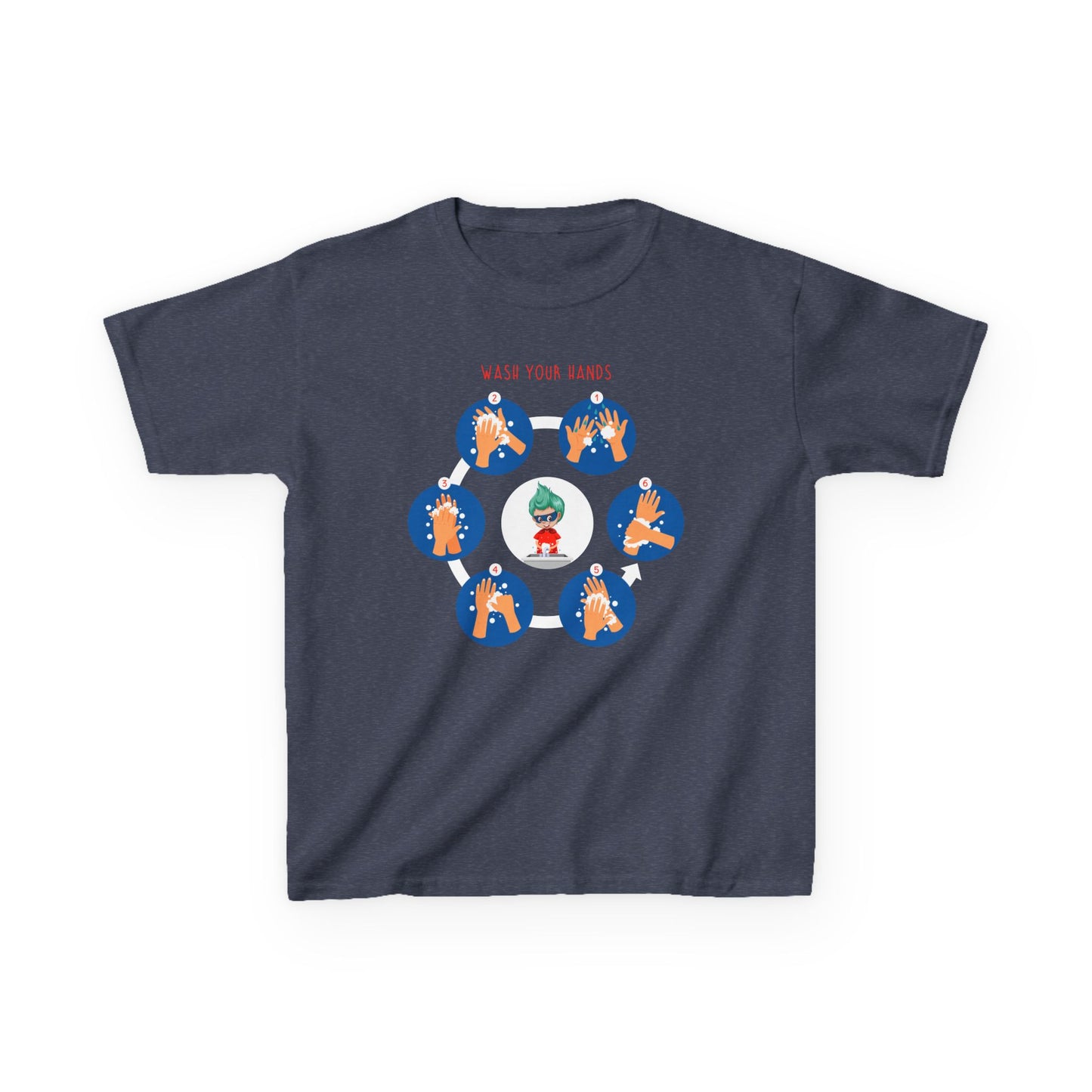 Kids Heavy Cotton™ Tee - Super kiddo teaching how to wash hands - [[{"value":"Wonderwear Kid"}]]