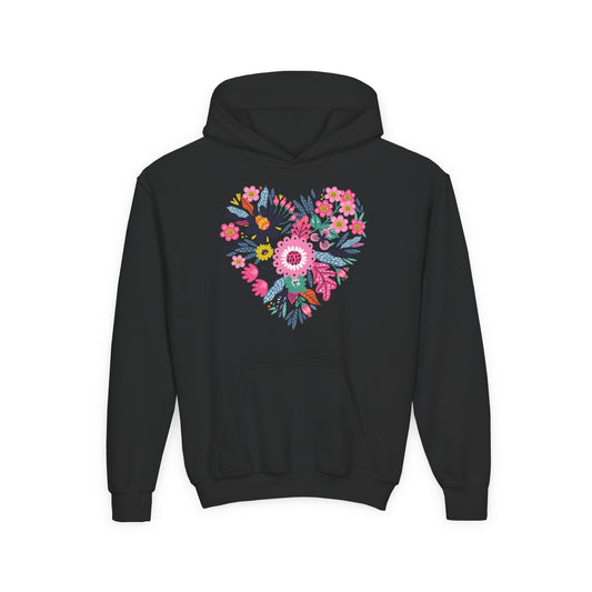 Youth Heavy Blend Hooded Sweatshirt - Flower hearts Printify