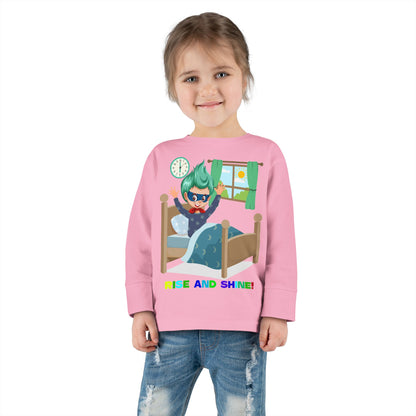 Toddler Long Sleeve Tee - Super kiddo teaches us to wake up early - [[{"value":"Wonderwear Kid"}]]