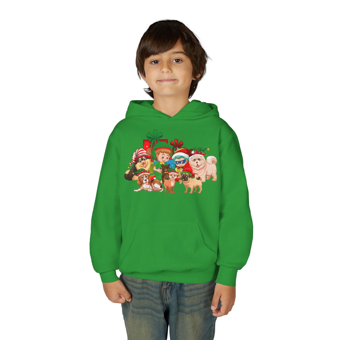 Youth Heavy Blend Hooded Sweatshirt - Christmas with super kiddo pet friends without text
