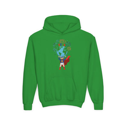 Youth Heavy Blend Hooded Sweatshirt - Super kiddo holding globe - [[{"value":"Wonderwear Kid"}]]