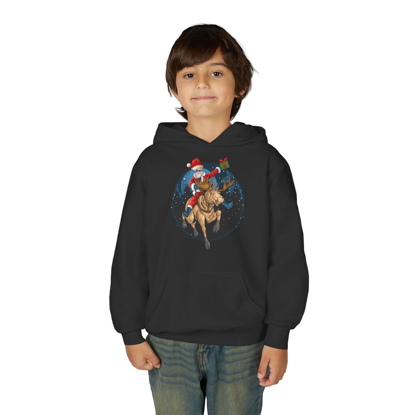 Youth Heavy Blend Hooded Sweatshirt - Super kiddo riding a reindeer