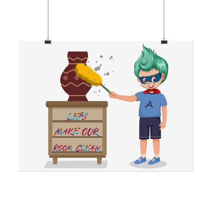 Rolled Posters - Super kiddo cleaning a vase - [[{"value":"Wonderwear Kid"}]]