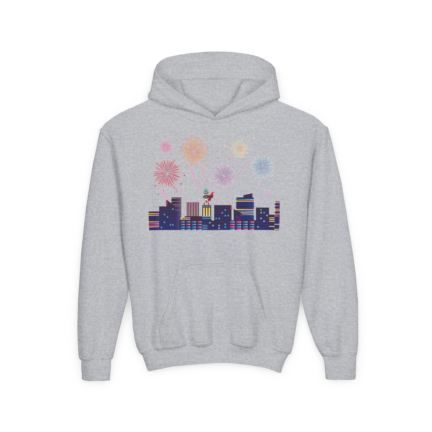 Youth Heavy Blend Hooded Sweatshirt - Super kiddo with fireworks