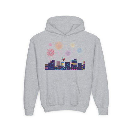 Youth Heavy Blend Hooded Sweatshirt - Super kiddo with fireworks - [[{"value":"Wonderwear Kid"}]]