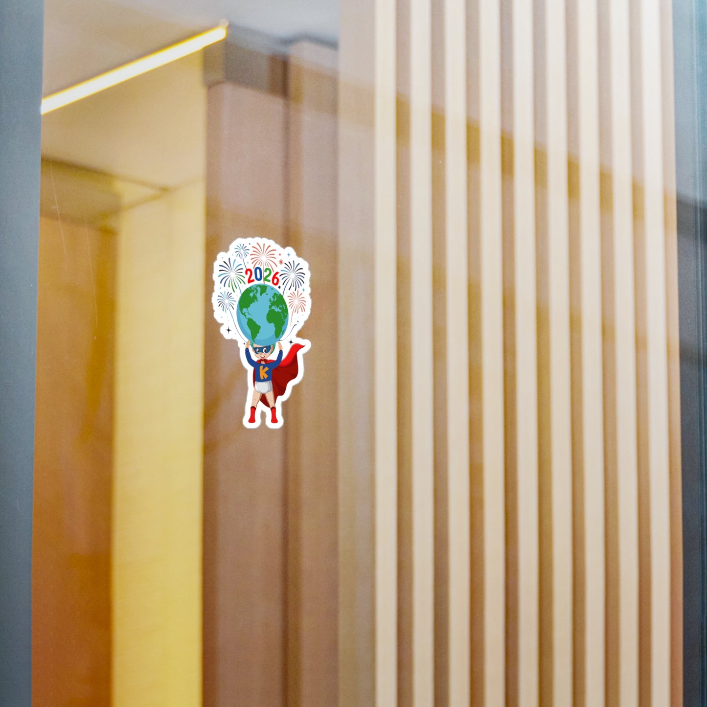 Christmas Kiss-Cut Vinyl Decals – Super kiddo holding globe - [[{"value":"Wonderwear Kid"}]]