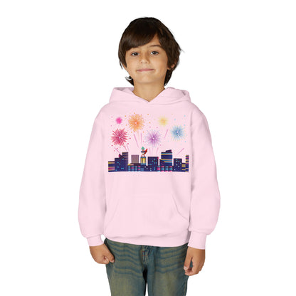 Youth Heavy Blend Hooded Sweatshirt - Super kiddo with fireworks - [[{"value":"Wonderwear Kid"}]]