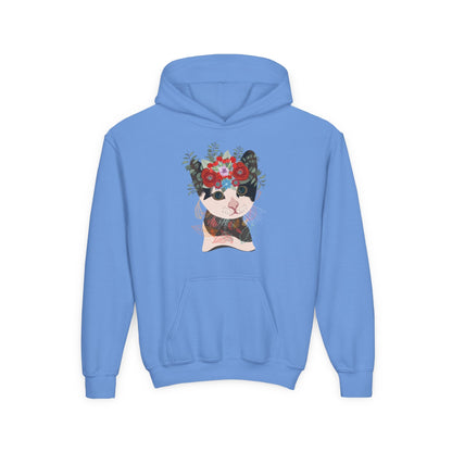 Youth Heavy Blend Hooded Sweatshirt - Lovely cat with crown flower Printify