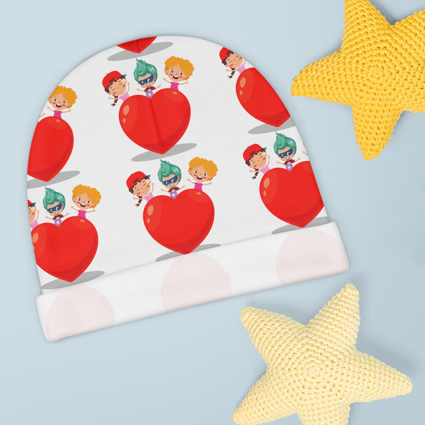 Baby Beanie (AOP) - Valentines - Super kiddo on top of heart - [[{"value":"Wonderwear Kid"}]]