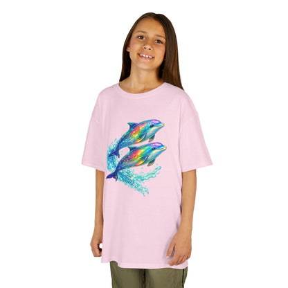 Kids Heavy Cotton™ Tee - Iridescent porpoises swimming in glowing water