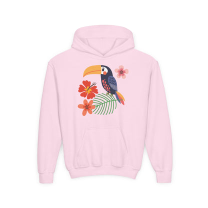 Youth hoodie with vibrant toucan bird design Printify