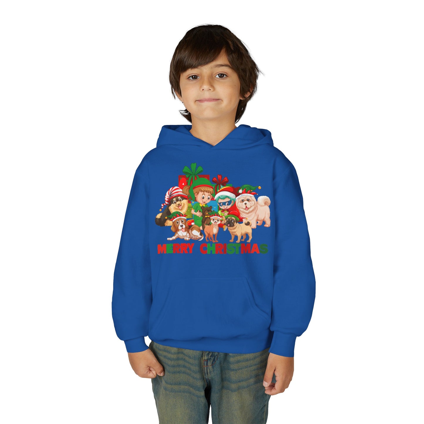 Youth Heavy Blend Hooded Sweatshirt - Christmas with super kiddo pet friends with text