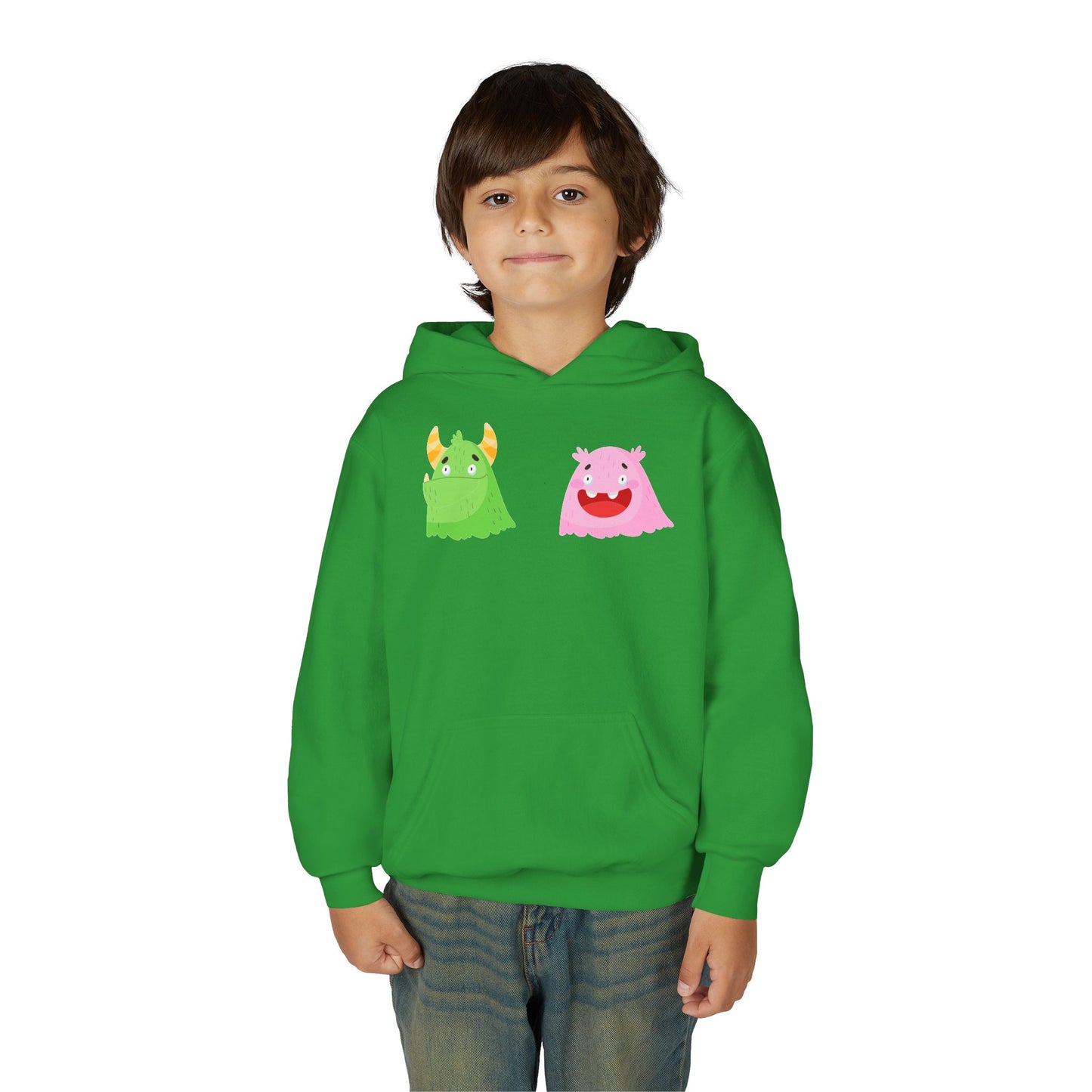 Youth Heavy Blend Hooded Sweatshirt - Green and pink monsters