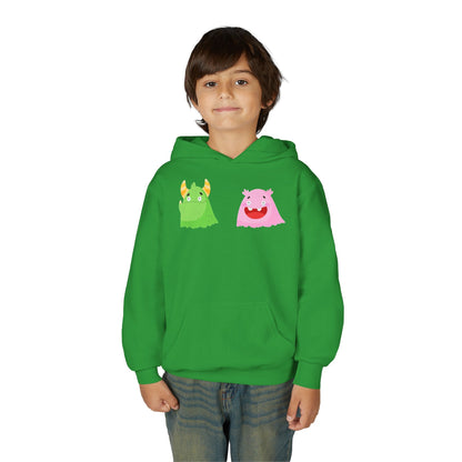 Youth Heavy Blend Hooded Sweatshirt - Green and pink monsters Printify