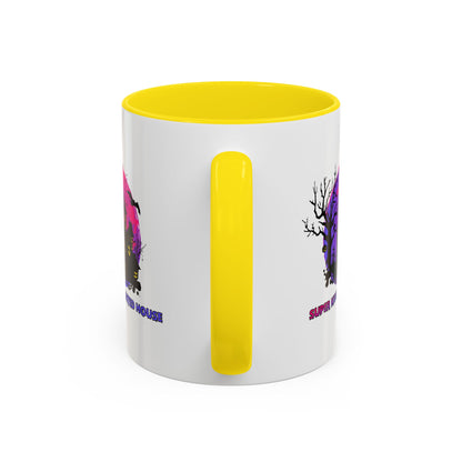 Accent Coffee Mug - Super kiddo flying on hunted house - [[{"value":"Wonderwear Kid"}]]