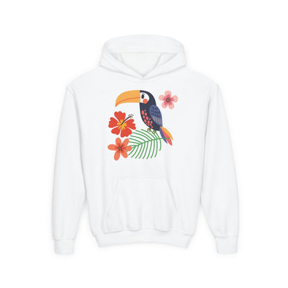 Youth hoodie with vibrant toucan bird design Printify