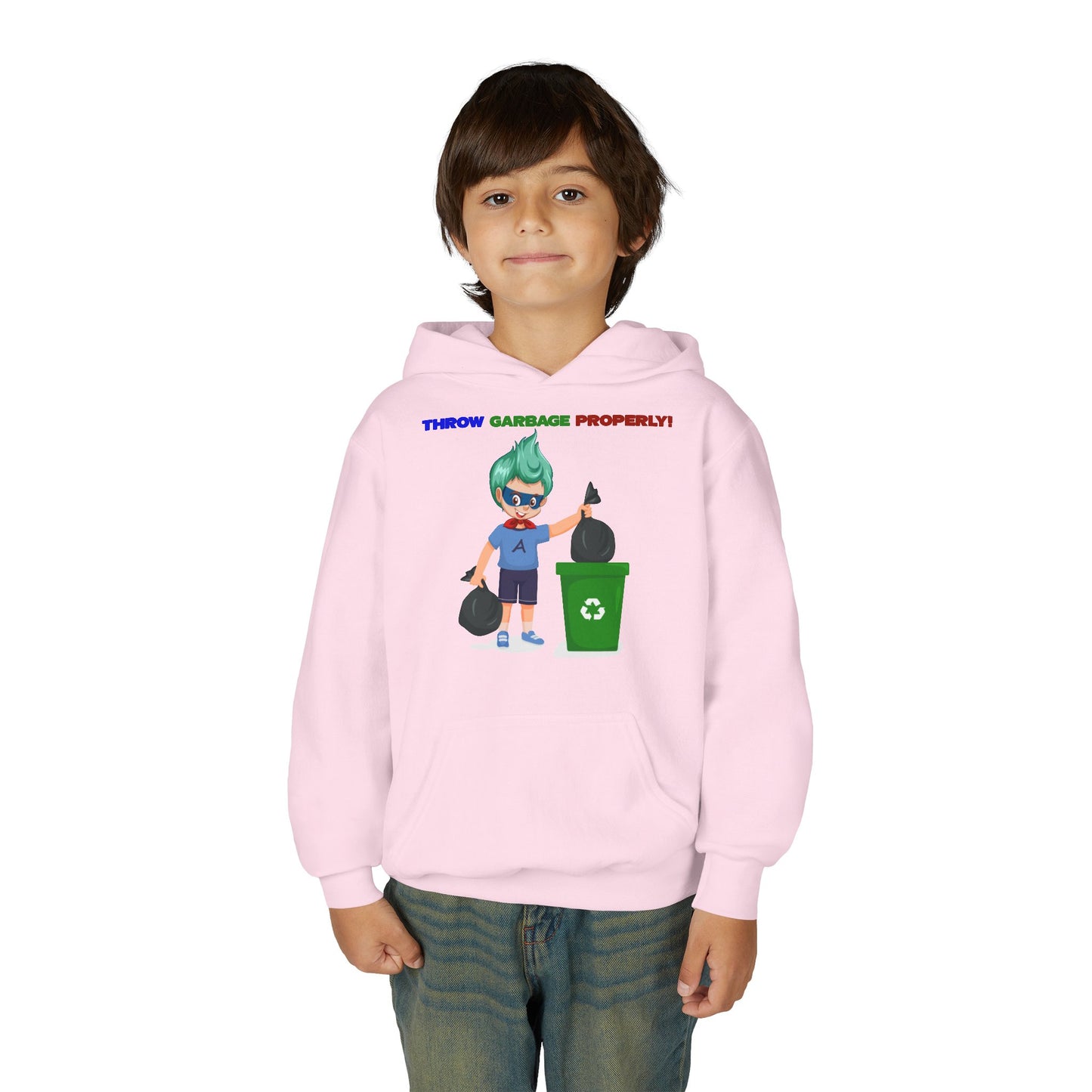 Youth Heavy Blend Hooded Sweatshirt - Super kiddo taking trash out