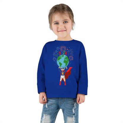Toddler Long Sleeve Tee - Super kiddo holding globe - [[{"value":"Wonderwear Kid"}]]