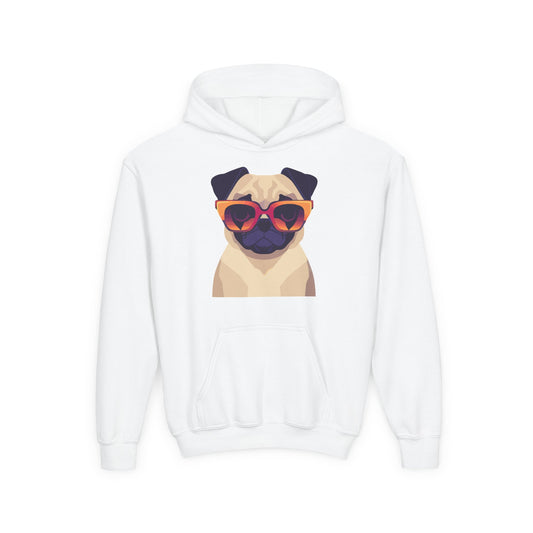 Youth Heavy Blend Hooded Sweatshirt - Cool Pug with Sunglasses