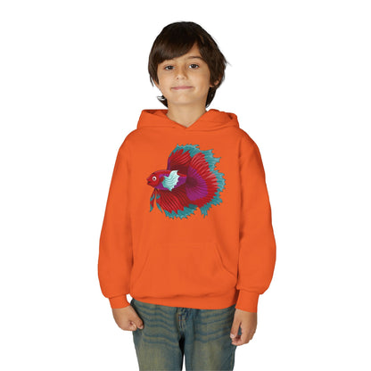 Youth Heavy Blend Hooded Sweatshirt - Red Siamese fighting fish Printify