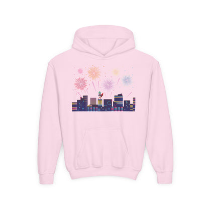 Youth Heavy Blend Hooded Sweatshirt - Super kiddo with fireworks - [[{"value":"Wonderwear Kid"}]]