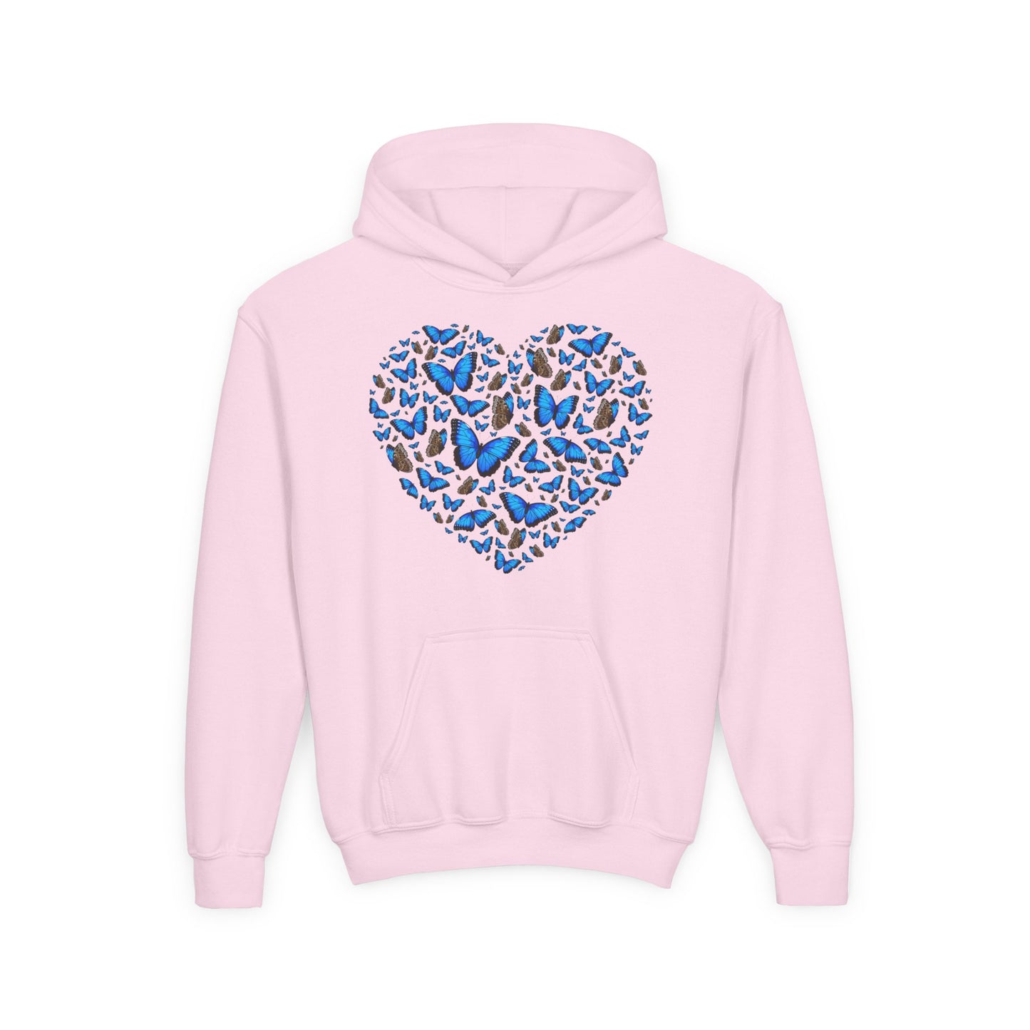 Youth Heavy Blend Hooded Sweatshirt -  Heart shape blue morpho butterfly
