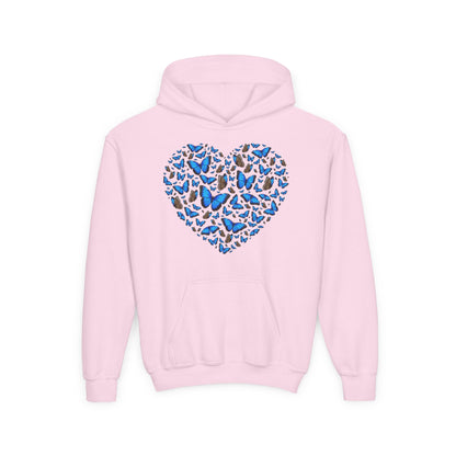 Youth Heavy Blend Hooded Sweatshirt -  Heart shape blue morpho butterfly Printify