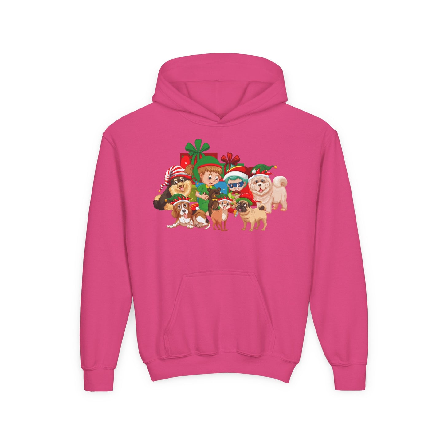 Youth Heavy Blend Hooded Sweatshirt - Christmas with super kiddo pet friends without text