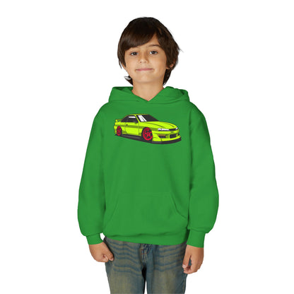Youth Heavy Blend Hooded Sweatshirt - Yellow green race car Printify