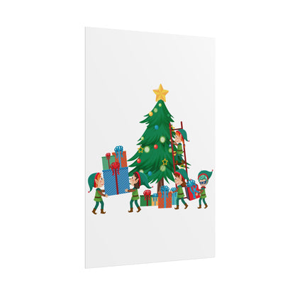 Rolled Posters - Super kiddo putting gifts on christmas tree - [[{"value":"Wonderwear Kid"}]]