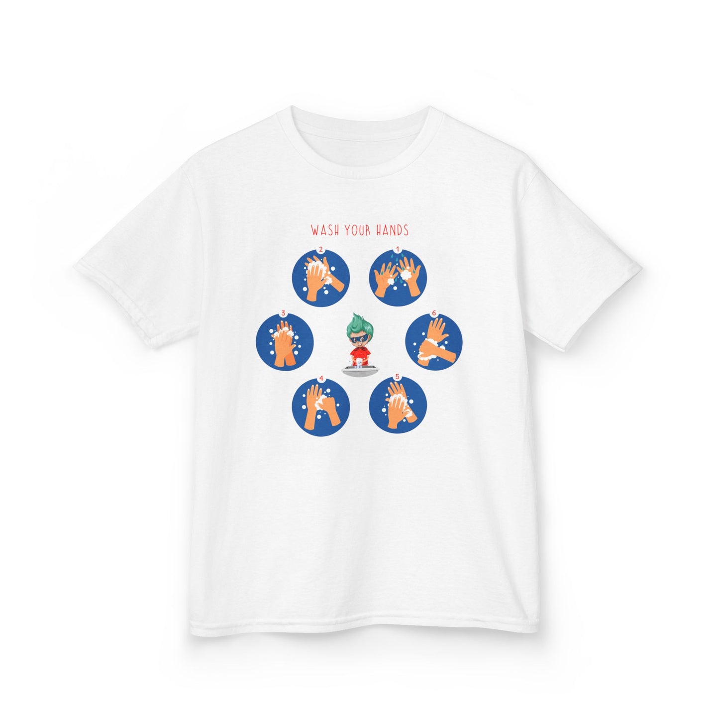 Kids Heavy Cotton™ Tee - Super kiddo teaching how to wash hands - [[{"value":"Wonderwear Kid"}]]