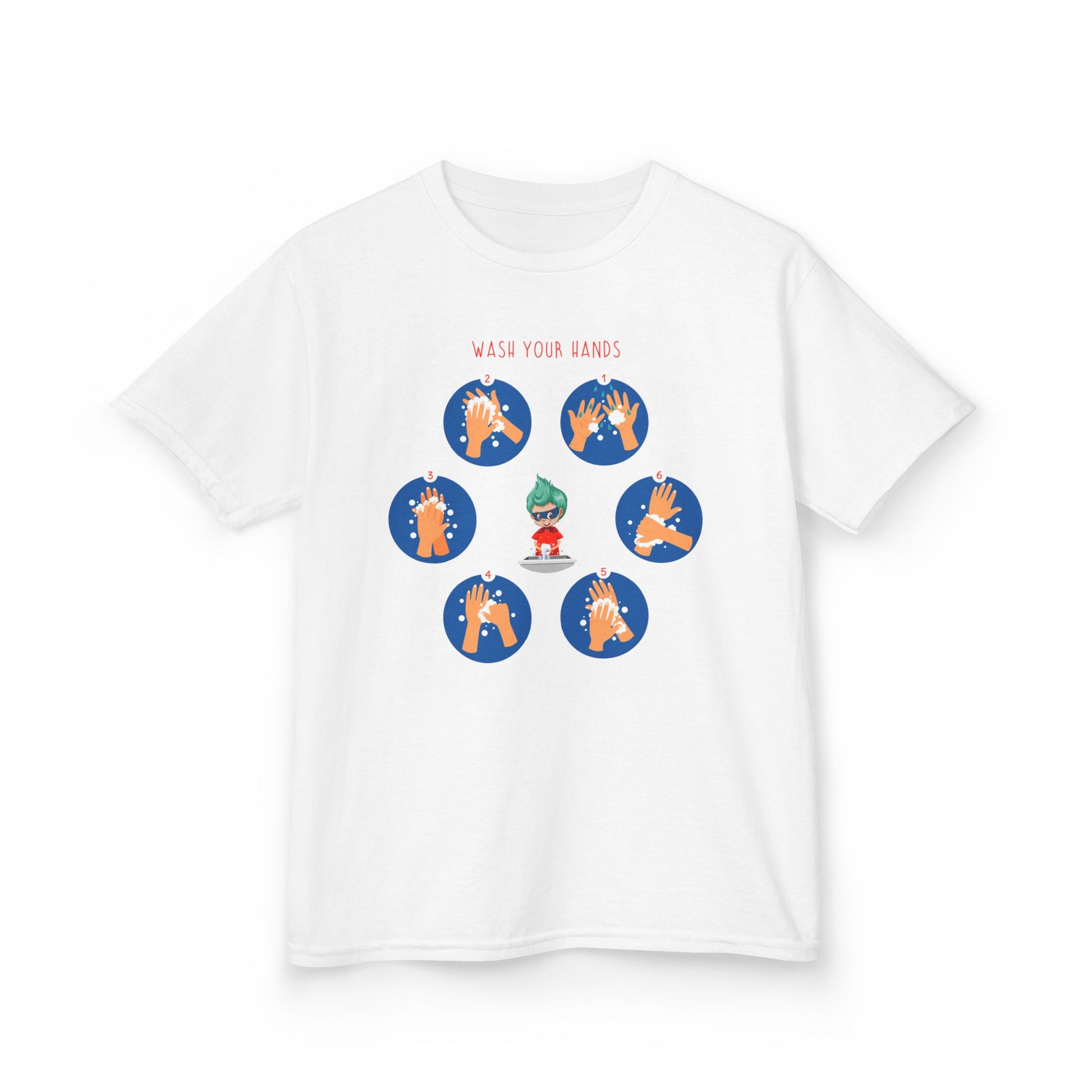 Kids Heavy Cotton™ Tee - Super kiddo teaching how to wash hands - [[{"value":"Wonderwear Kid"}]]